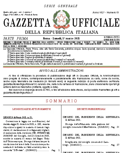 legge 21 del 26 febbraio 2021